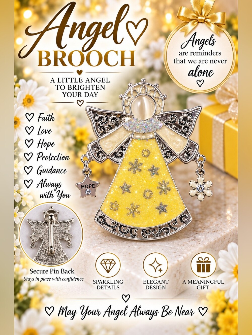 609 Yellow Angel Brooch Pin — Sparkling Yellow Angel Accessory